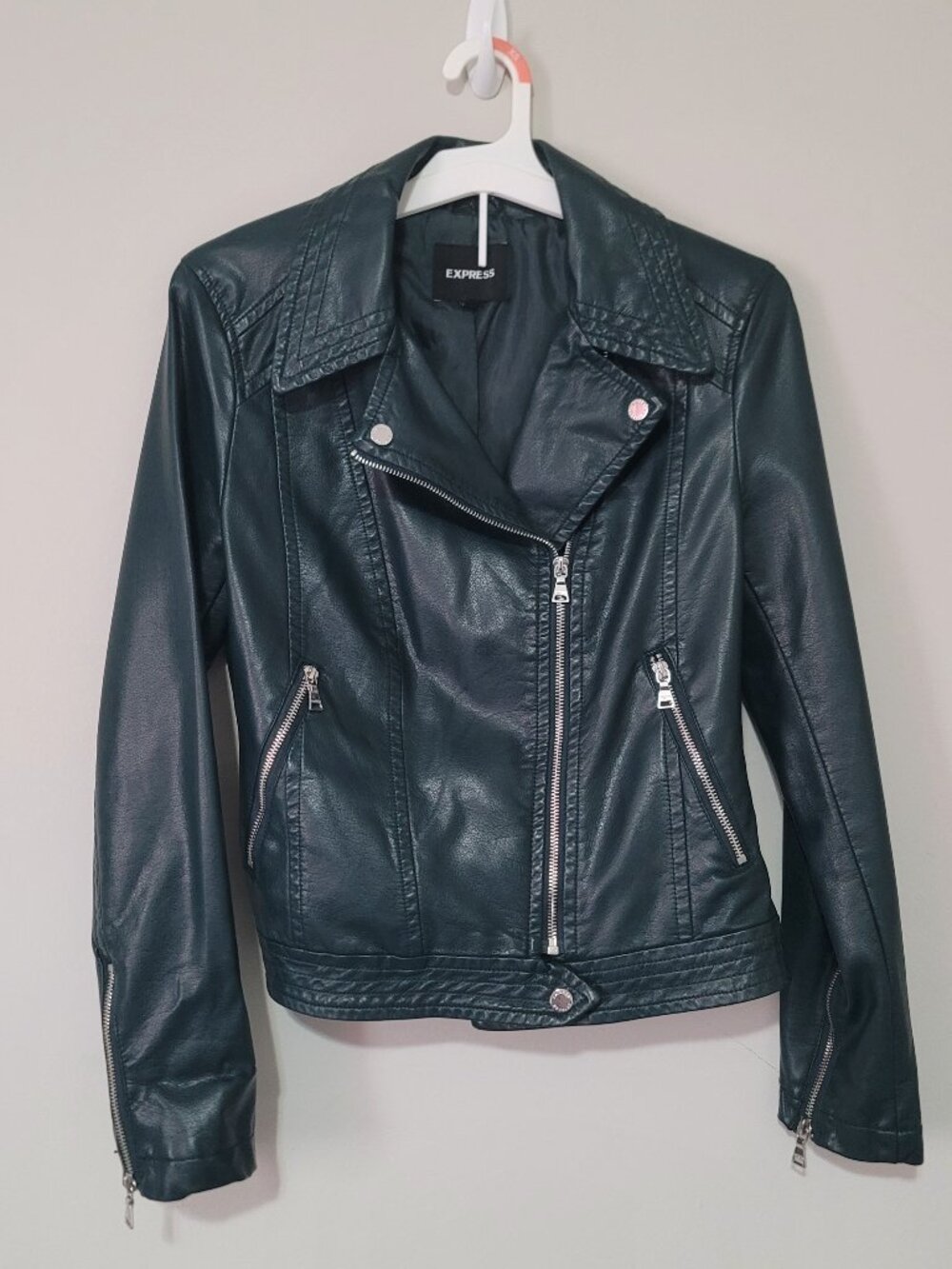 Express US Womens Size Small Faux Leather Jacket Dark Forest Green